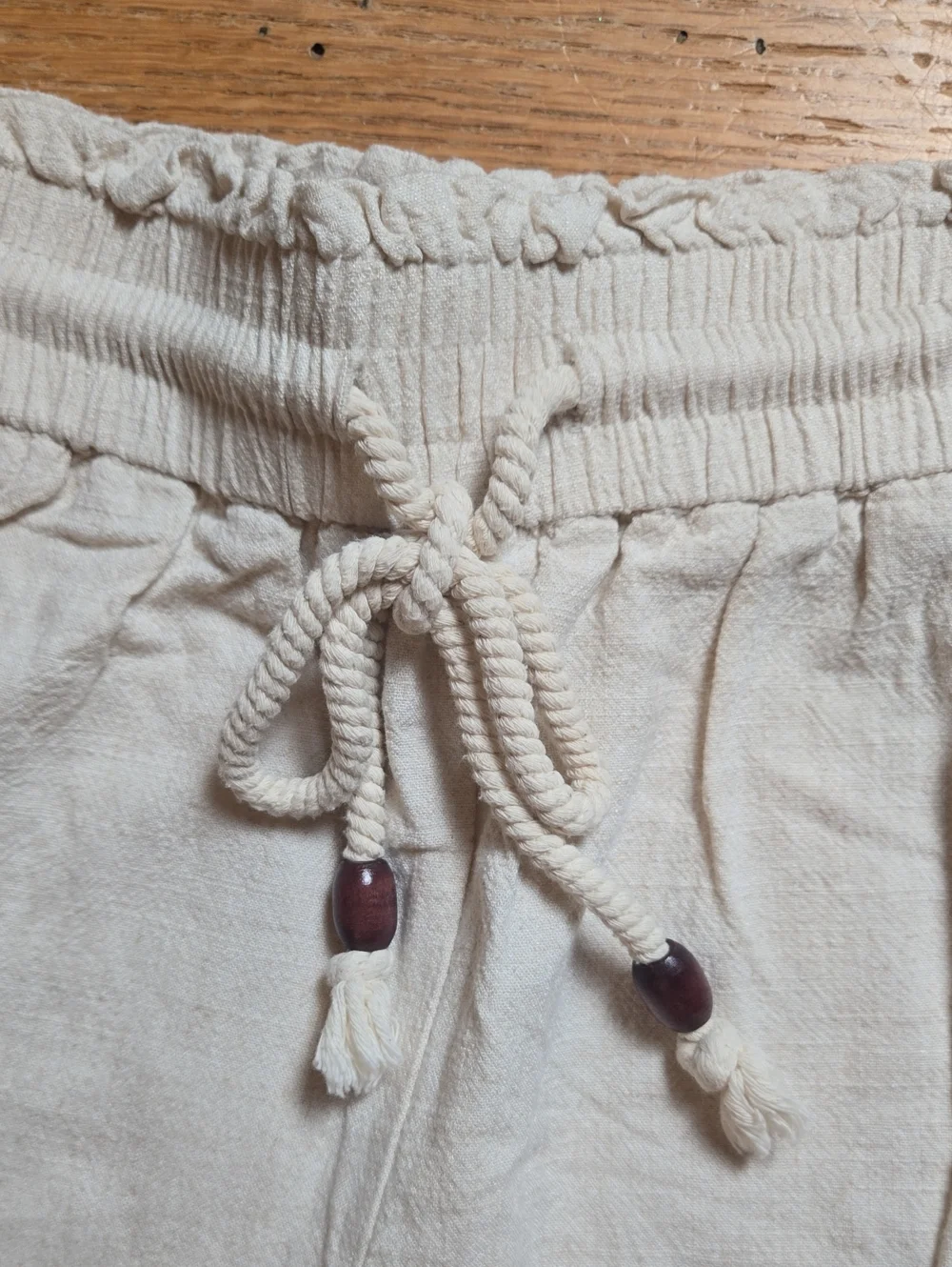 Zara beige cream linen blend wood bead drawstring wide leg pants